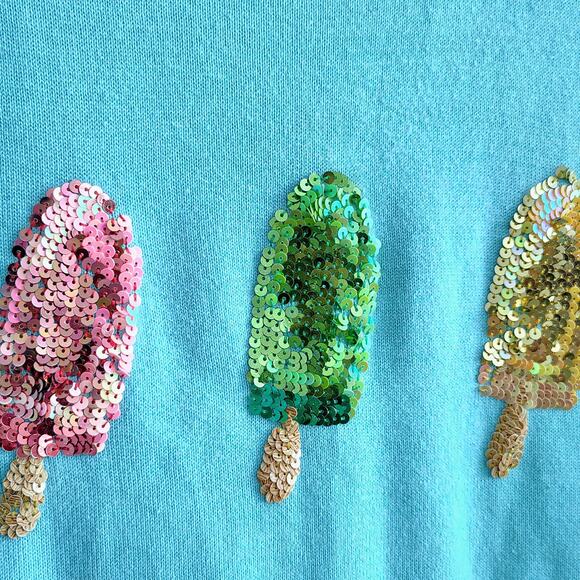 Quacker Factory Plus Size 1X Blue Sequin Popsicle Shirt Top Blouse Whimsy Vacay - Picture 2 of 7